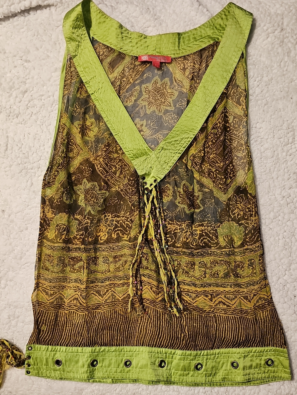 Sheer Lime Green Floral V-Neck Women's Top